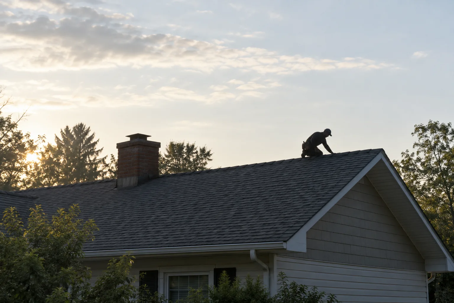 Backlit roofer kneeling on a shingle roof near a brick chimney