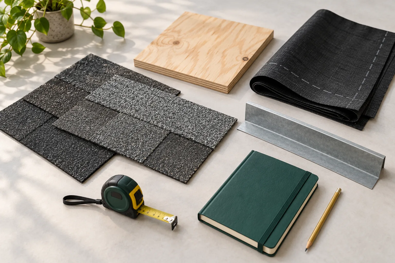 Illustration of shingles, decking, underlayment and metal roof-edge material beside a planning notebook